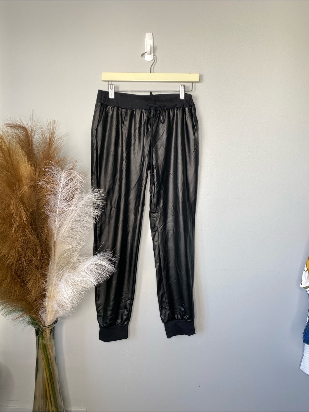 Women's Black Faux-Leather Jogger Pants